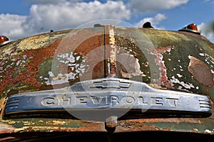 Chevrolet hood logo on an old rusty pickup