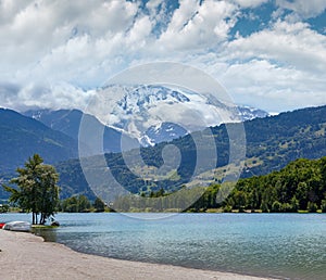 Lake Passy and Mont Blanc mountain massif summer view