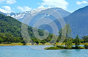 Lake Passy and Mont Blanc mountain massif summer view.