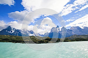 Lake Pehoe and Los Cuernos in Torres del Paine National Park in photo