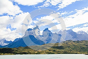 Lake Pehoe and Los Cuernos in Torres del Paine National Park in photo