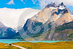 Lake Pehoe, Torres del Paine National Park, Patagonia, Chile, South America. Copy space for text