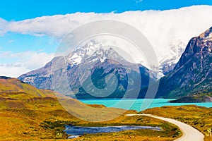 Lake Pehoe, Torres del Paine National Park, Patagonia, Chile, South America. Copy space for text