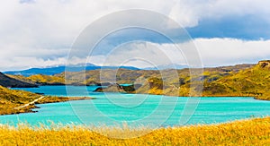 Lake Pehoe, Torres del Paine National Park, Patagonia, Chile, South America. Copy space for text