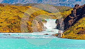 Lake Pehoe, Torres del Paine National Park, Patagonia, Chile, South America. Copy space for text