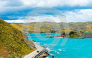 Lake Pehoe, Torres del Paine National Park, Patagonia, Chile, South America. Copy space for text