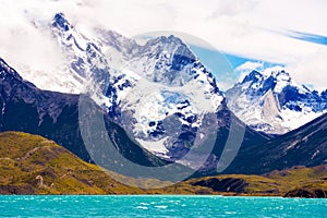 Lake Pehoe, Torres del Paine National Park, Patagonia, Chile, South America. Copy space for text