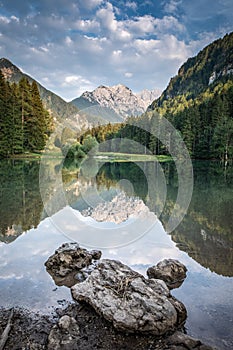 Lake PlanÅ¡arsko jezero in Zgornje Jezersko with Kamnik-Savinja Alps