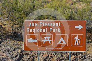 Lake Pleasant Regional Park Sign in Maricopa County, Arizona.