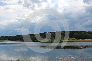 Lake pond in the grass in the summer in the forest on the background of a thundercloud river
