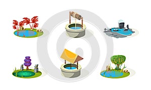 Lake, pond, well, fantasy elements of landscape set, user interface assets for mobile app or video game vector