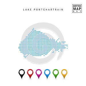 Lake Pontchartrain, Louisiana Dots Pattern Vector Map. Stylized Silhouette of Lake Pontchartrain. Set of Map Markers