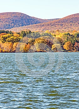 Lake Pontoosuc and Berkshire mountains in Autumn, Pittsfield Massachusetts photo