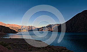 Lake Potrerillos, in Mendoza, Argentina, elevated view at dawn