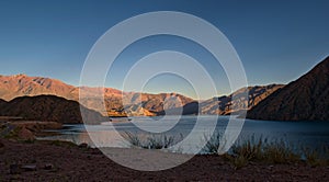 Lake Potrerillos, in Mendoza, Argentina, elevated view at dawn