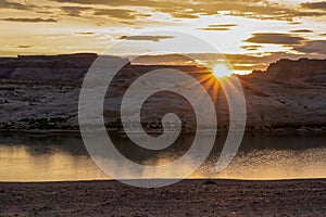 Lake Powell - Panoramic sunset view seen from Lone Rock Beach in Wahweap Bay in Lake Powell in Glen Canyon Recreation Area