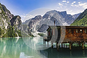Lake Prags Lake Braies or Pragser Wildsee is a lake in the Prags Dolomites in South Tyrol, Italy. photo