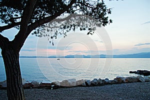 Lake promenade summer holiday scenery at blue hour