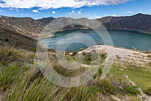 Lake Quilotoa. Panorama of the turquoise volcano crater lagoon of Quilotoa, near Quito, Andean region of Ecuador
