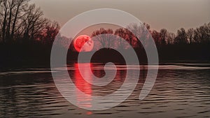on the lake a red moon rising over a lake with trees in the background