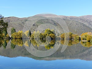 Lake reflecting Autumn colors new Zealand photo