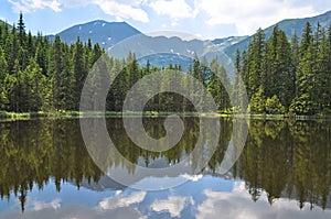 Lake reflecting forest and mountains under cloudy sky