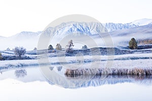 Lake with a reflection of the mountains in the water surface