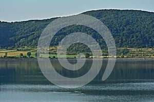 Lake reflection water forest summer fields harvest yellow