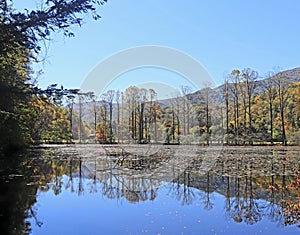 Lake with reflections in mountians photo