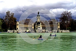Lake in Retiro Park,statue of Alfonso XII, photo