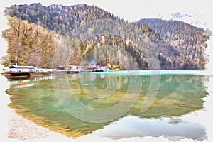 Lake Ritsa. Imitation of a picture. Oil paint. Illustration