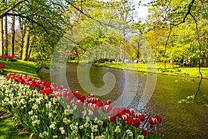 Lake River with Fountain well park people tulips Lisse Netherlands