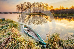 Lake, River And Old Wooden Blue Rowing Fishing Boat At Beautiful