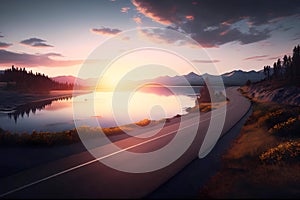 Lake and road landscape sunset. Generative ai