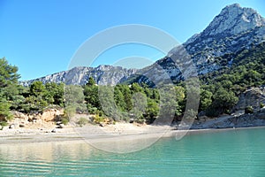 Lake of Sainte-Croix. Verdon Gorge. Beach and mountains. South of France.