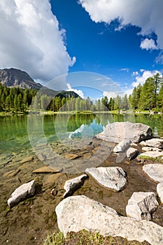 Lake San Pellegrino, Dolomites, Italy photo