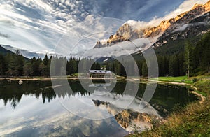 Lake San Vito di Cadore (lake Mosigo) in Boite valley in the domain of Mount Antelao also called King of the Dolomites. Italian D