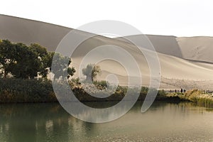 Lake and sand dune in desert