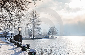 Lake Schliersee in the Bavarian Alps in Germany on a cold winter day