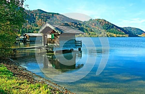Lake schliersee with boat house, autumnal landscape germany