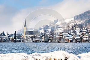 Lake Schliersee with view of town Schliersee in the Bavarian Alps in Germany