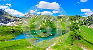 Lake Schrecksee - A beautiful turquoise alpine lake in the Allgaeu alps near Hinterstein, hiking destination in Bavaria, Germany