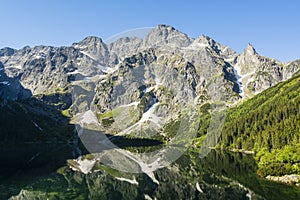 Lake Sea Eye Morskie Oko and the surrounding mountain peaks.