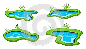Lake, set of realistic cartoon lakes in white outline. Vector illustration.