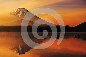 Lake shoji at sunrise with Mt. Fuji