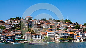 The lake shore with some colourful houses in Ohrid, North Macedonia, Europe