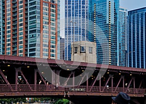 Lake Shore Drive Bridge in Chicago, seen from tour boat, with tourist`s fedora hat in shot. photo