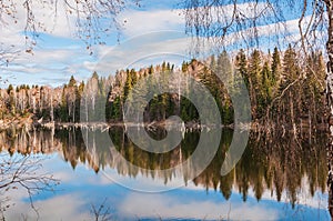 Lake sky background birch autumn reflection