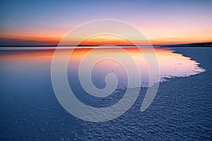 Lake with smooth water and sky reflection at sunset