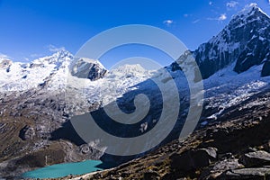 A lake and snow caped mountains in Huascaran National Park photo